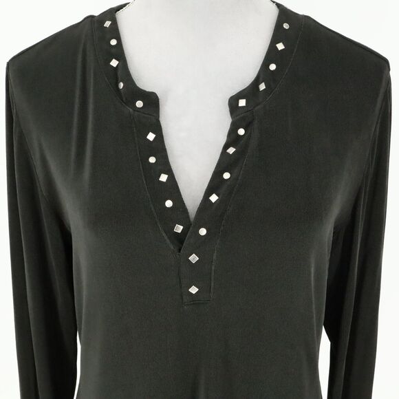 Chicos Travelers Top 2 Womens Large 12 Dark Gray Blouse Studs Slinky Career - Picture 8 of 12